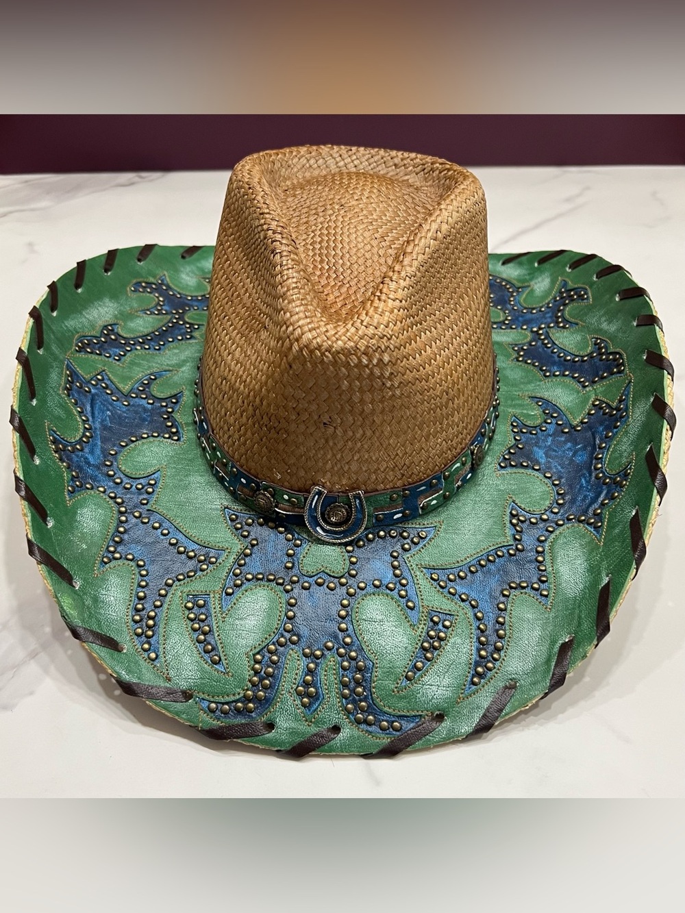 Bullhide Platinum Collection Gypsy Queen Western Straw Hat Blue/Green Studs Boho - Picture 2 of 7